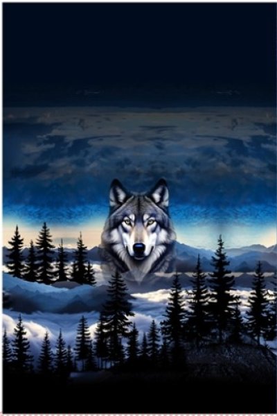 Stoff Panel 3er Wolf Wölfe blau